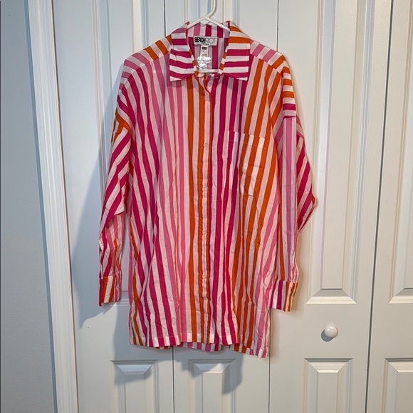 Beach Riot Tops - Beach Riot Pink and Orange Striped Button Down Shirt